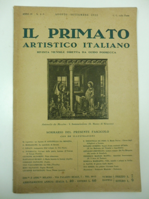 Il primato artistico italiano. Rivista mensile diretta da Guido Podrecca, anno IV, n. 8-9, agosto-settembre 1922